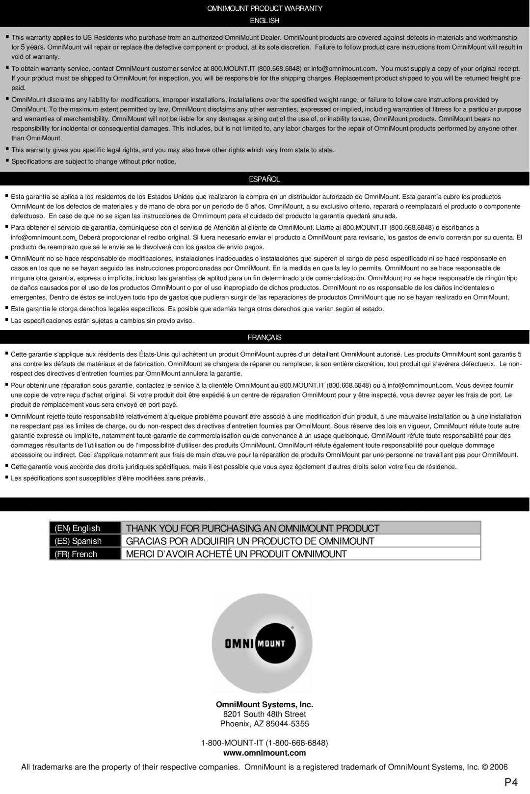 Omnimount OM1100274, CP-4 instruction manual Omnimount Product Warranty English, Español, Français, OmniMount Systems, Inc 