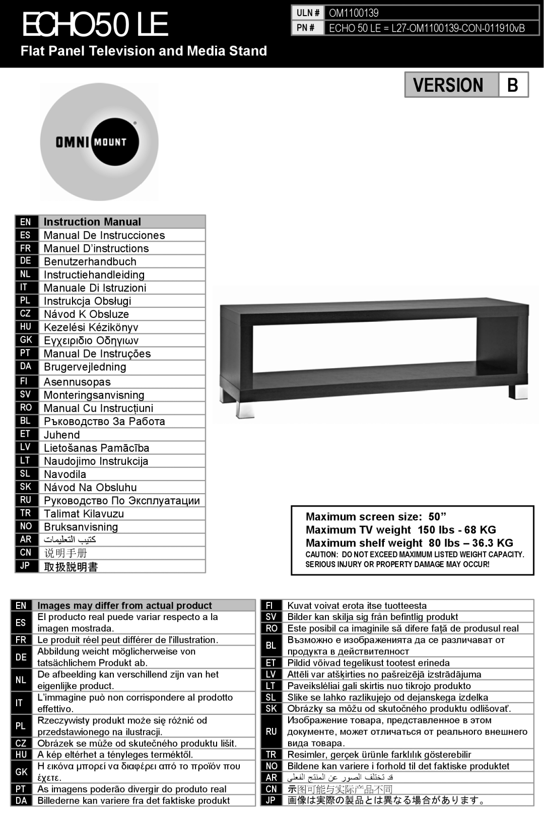 Omnimount ECHO 50LE instruction manual Flat Panel Television and Media Stand, 取扱説明書, ECHO 50 LE, Version, 说明手册 
