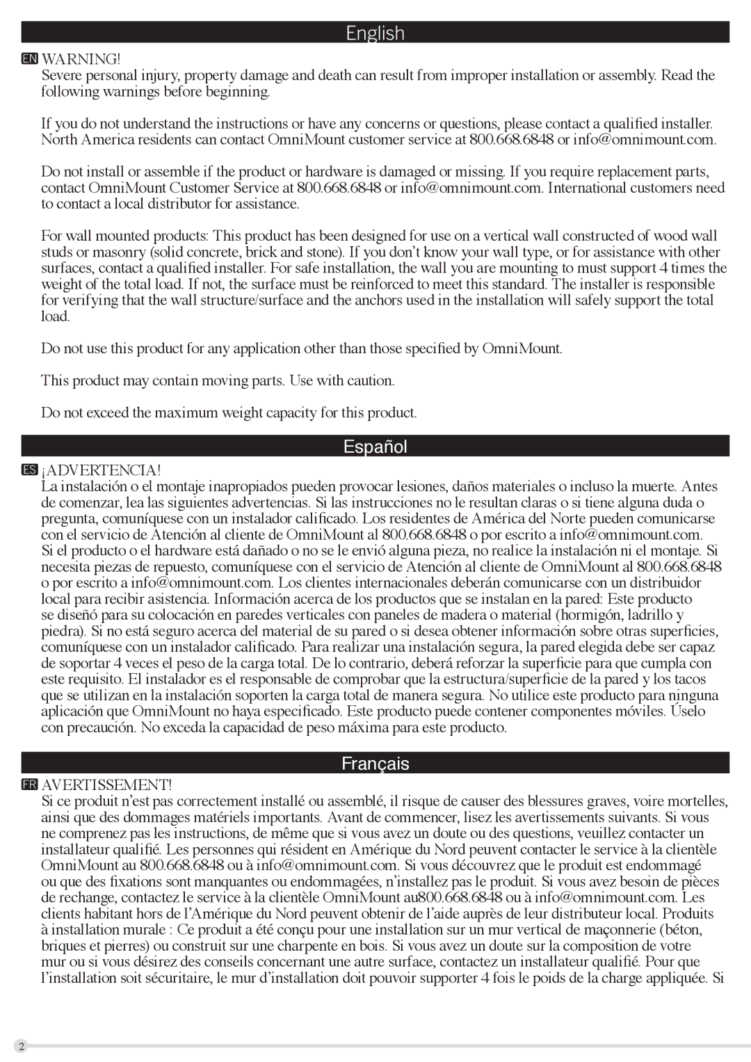 Omnimount G303FP instruction manual Español, Français, ¡Advertencia, Avertissement 