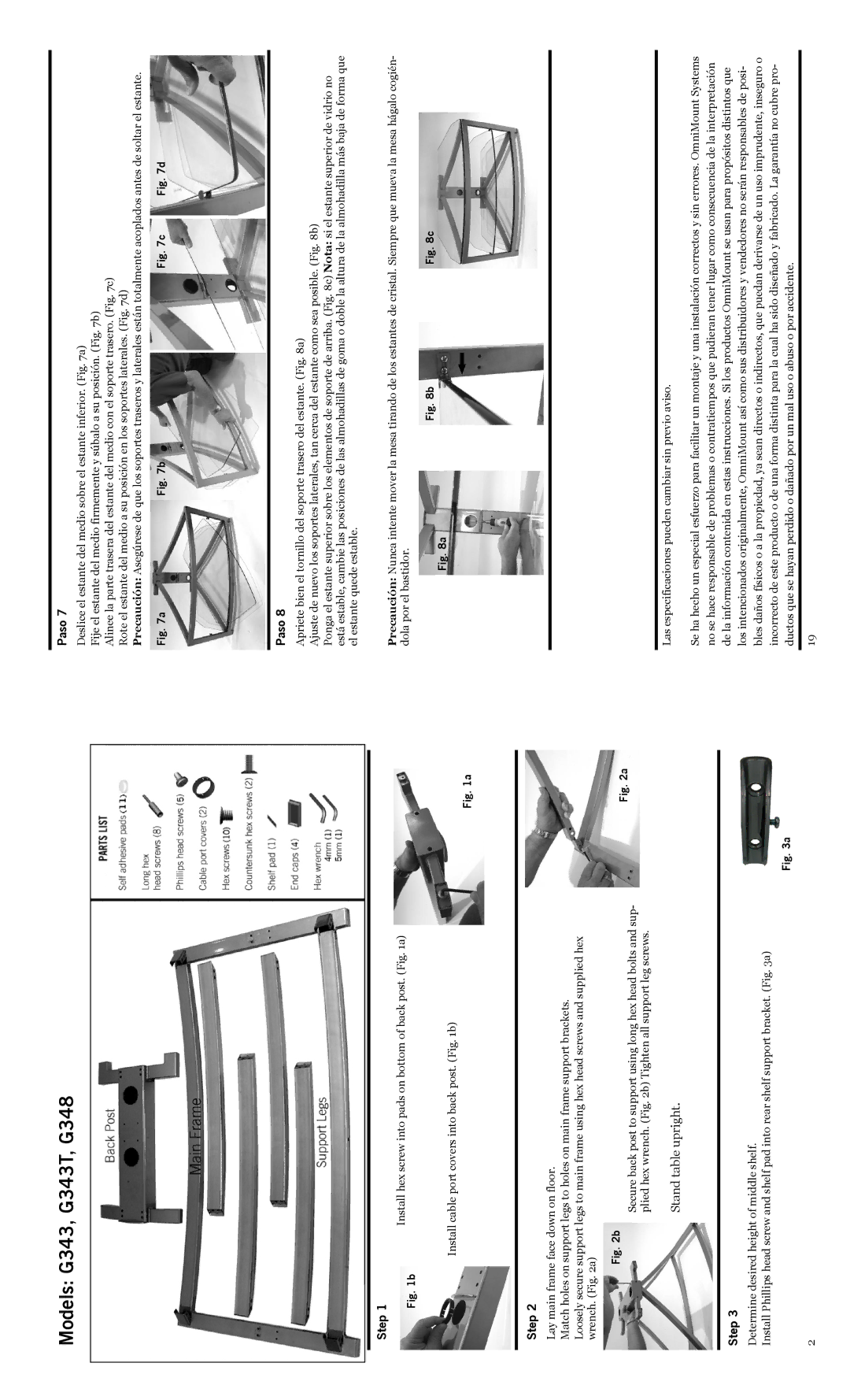 Omnimount 1002379 manual Models G343, G343T, G348, Paso, Step, Deslice el estante del medio sobre el estante inferior. a 