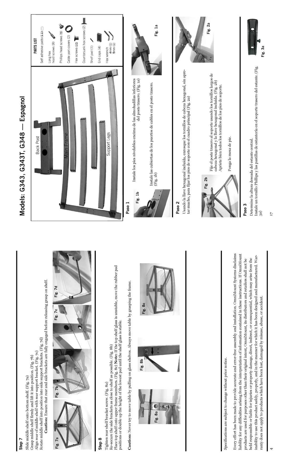 Omnimount 1002379 manual Models G343, G343T, G348 Espagnol, Slide middle shelf onto bottom shelf. a 