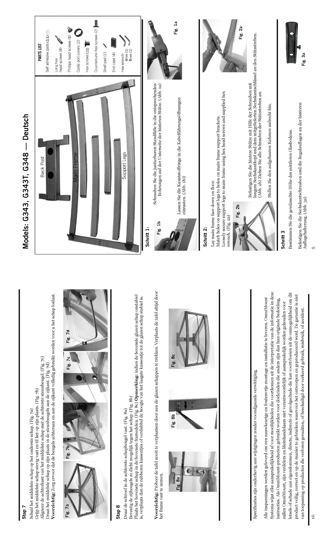 Omnimount 1002379 manual Models G343, G343T, G348 Deutsch, Stap, Schritt, Stellen Sie den aufgebauten Rahmen aufrecht hin 