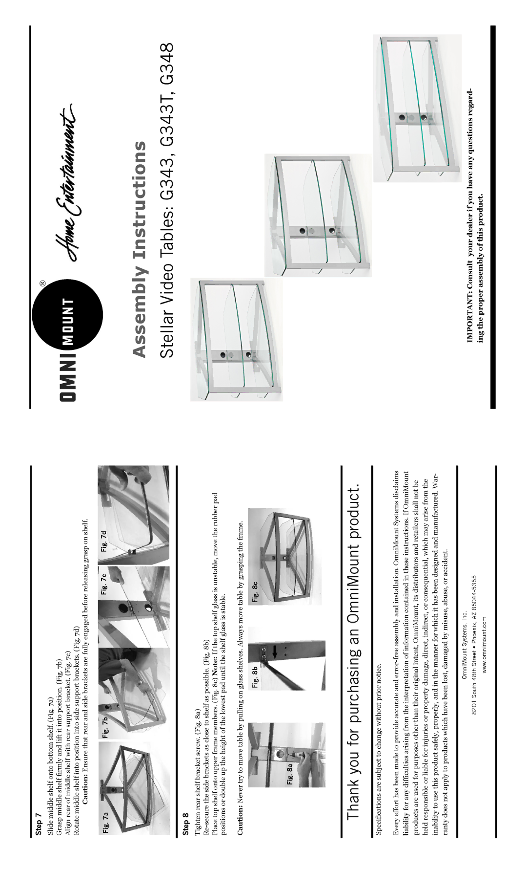 Omnimount G353 specifications Assembly Instructions, Stellar Video Tables G343, G343T, G348, Step 