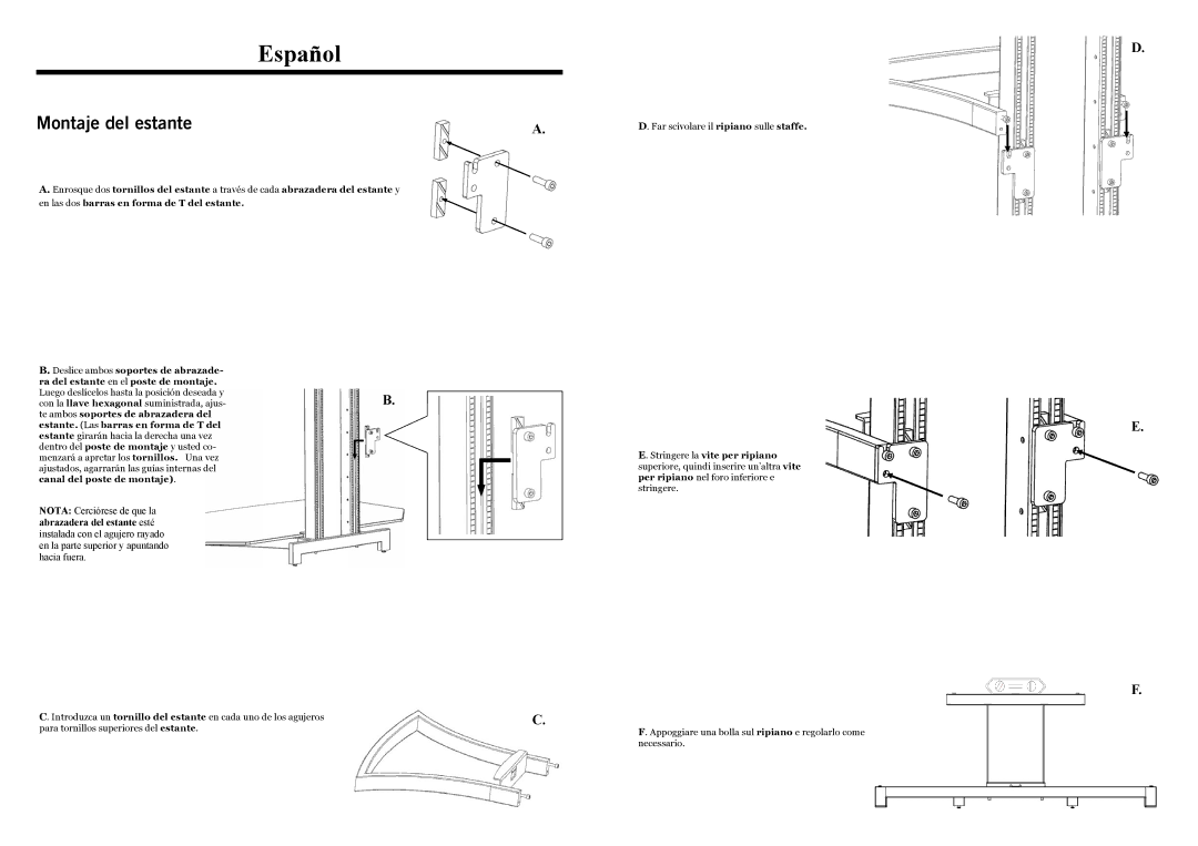 Omnimount G3FP SHELF, G3 SHELF Español, Montaje del estante, Stringere la vite per ripiano, Canal del poste de montaje 