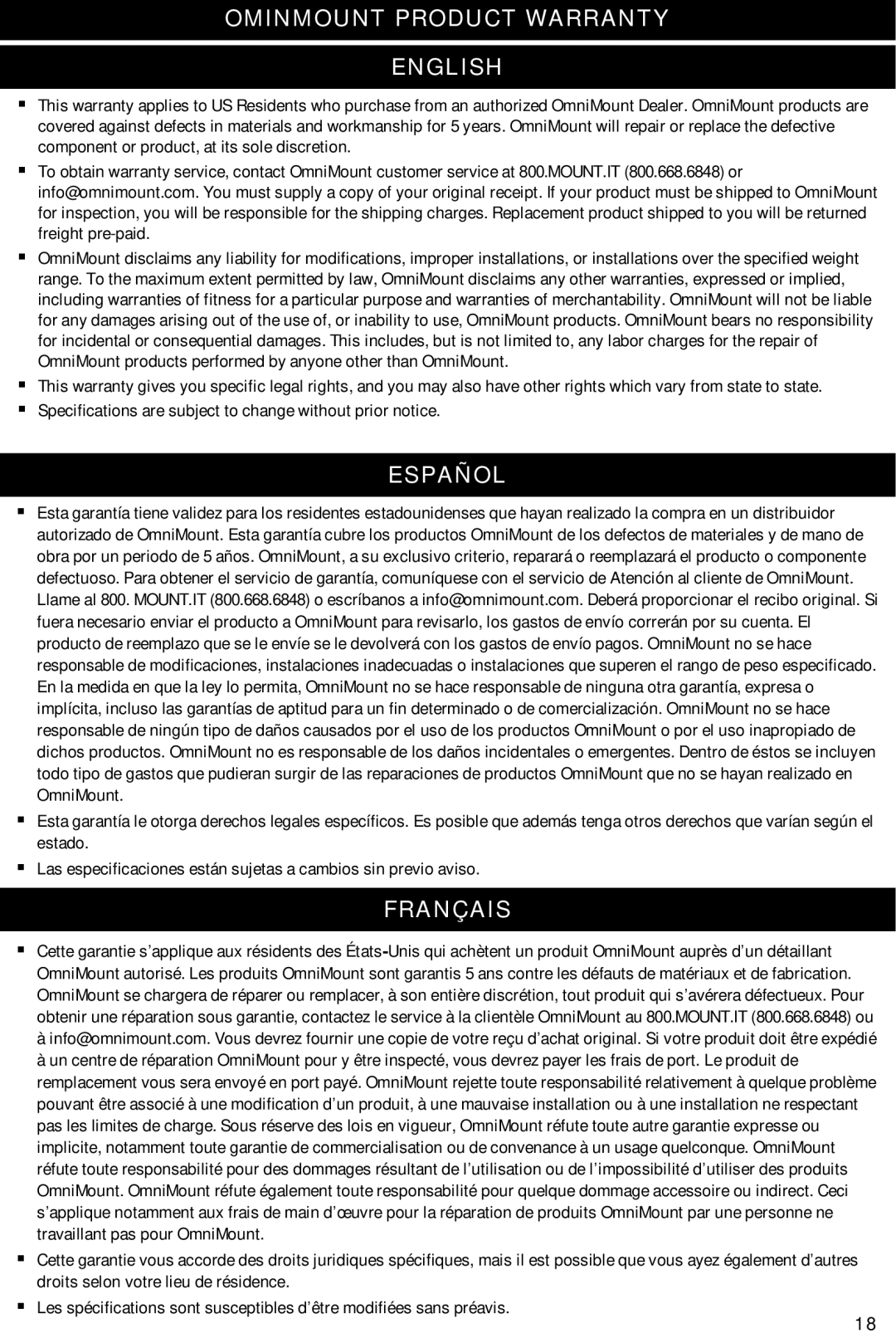 Omnimount Gemini 1 instruction manual Ominmount Product Warranty English, Español, Français 