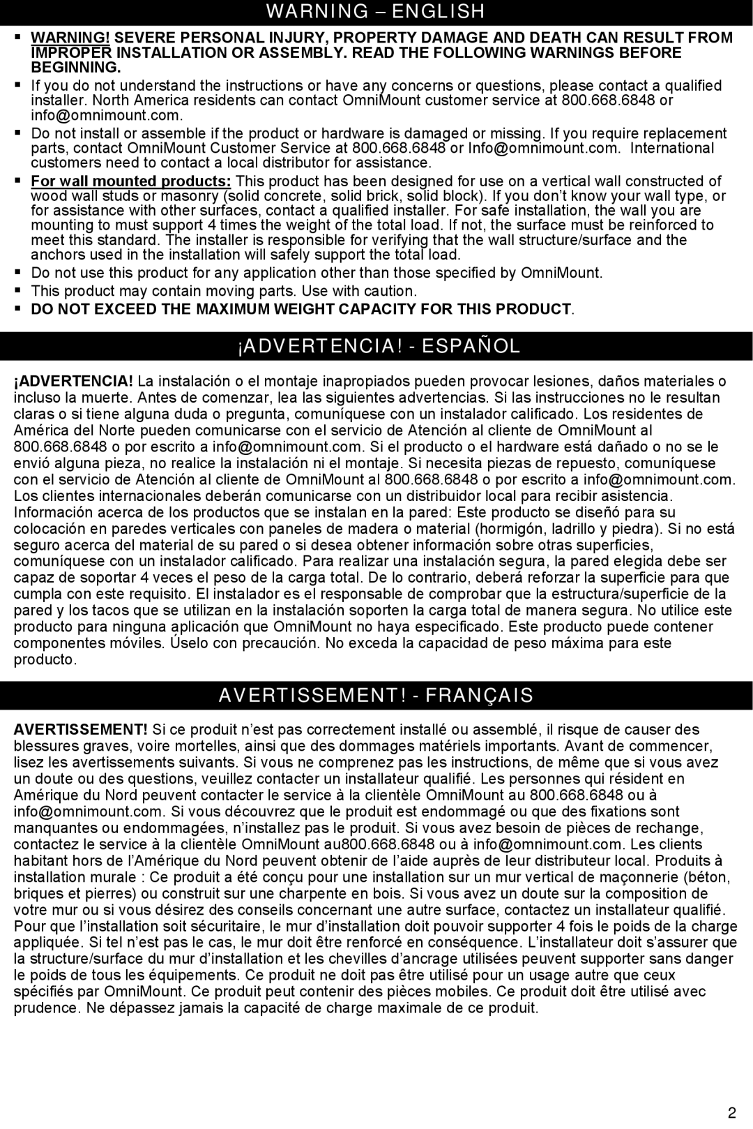 Omnimount Gemini 1 instruction manual ¡ADVERTENCIA! Español, AVERTISSEMENT! Français 