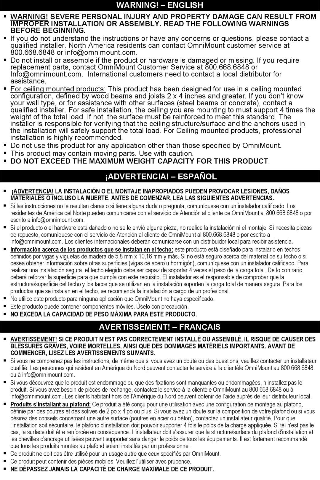 Omnimount HDPJTMA, OM1004108 instruction manual ¡ADVERTENCIA! Español, AVERTISSEMENT! Français 