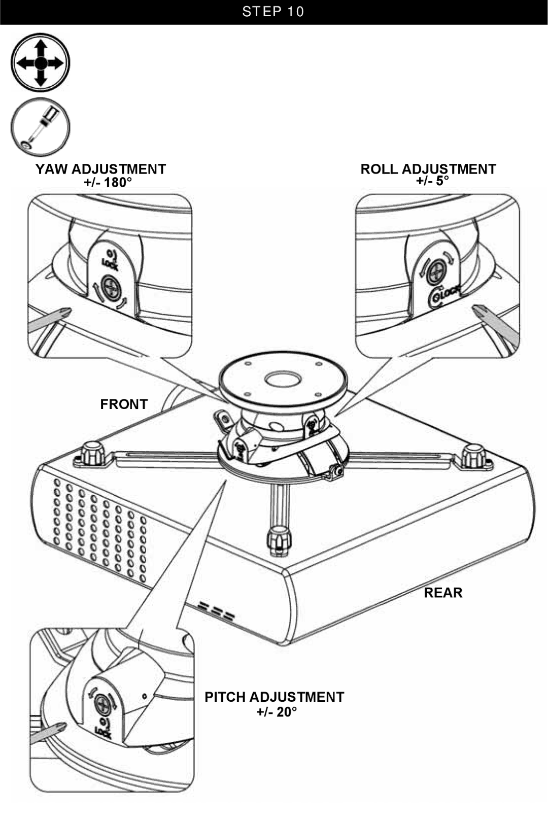 Omnimount OM1004108, HDPJTMA instruction manual YAW Adjustment Roll Adjustment Front Rear Pitch Adjustment + 