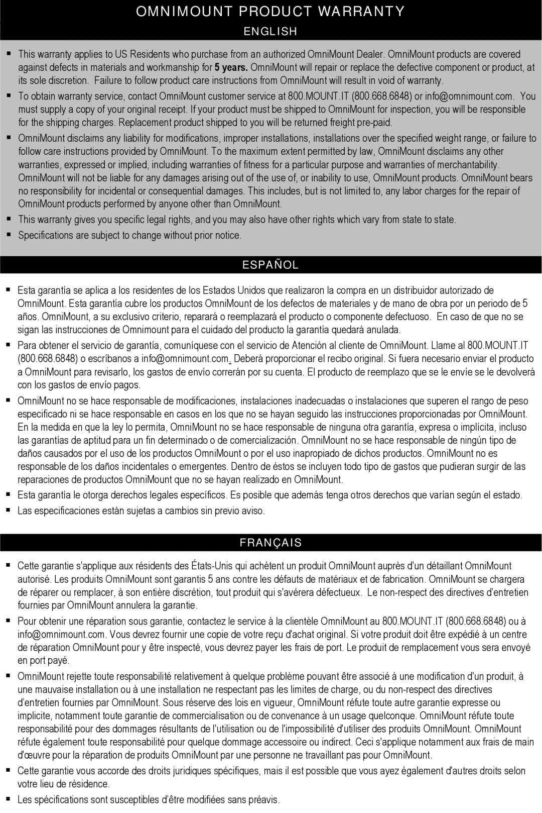 Omnimount HDPJTMA, OM1004108 instruction manual Omnimount Product Warranty, English 