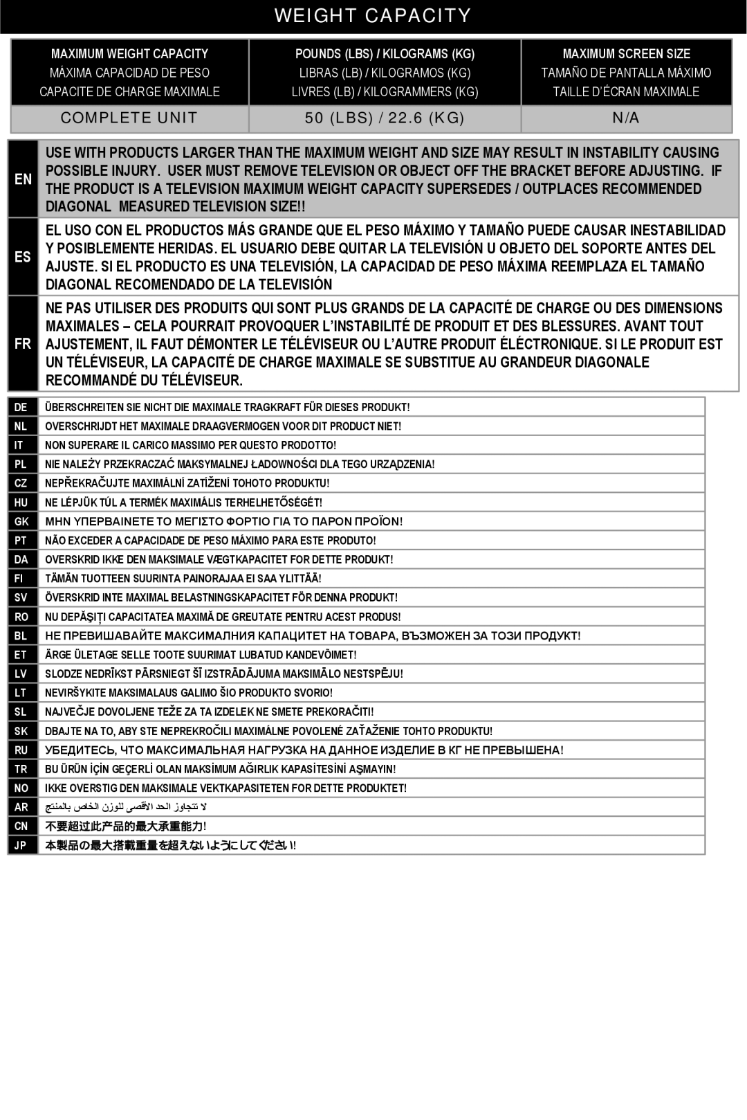 Omnimount OM1004108, HDPJTMA instruction manual Weight Capacity, Diagonal Measured Television Size 