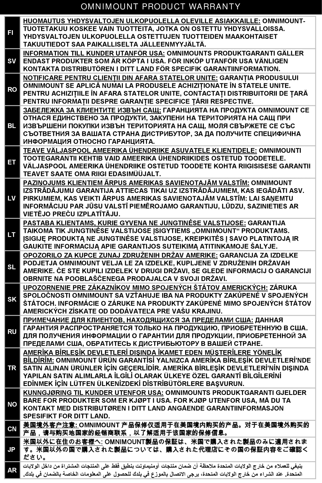 Omnimount OM10072, UAM, L27-1002790 -manual-120707vB 产品，请与购买地国家的经销商联系，以了解适用于该国家的保修信息。 