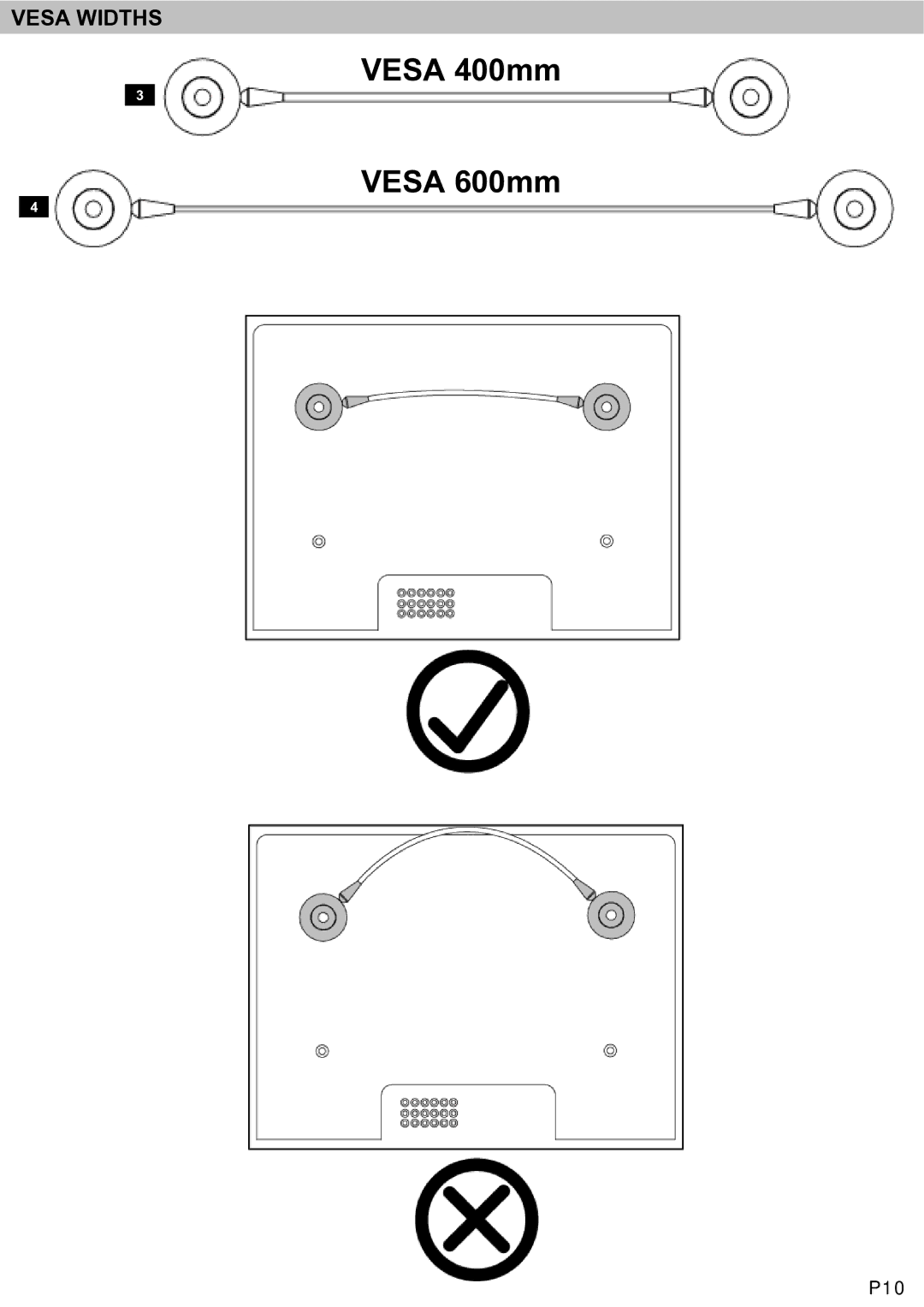 Omnimount LEDW120, L27-OM1100338-CON-081210vA manual Vesa Widths, P10 