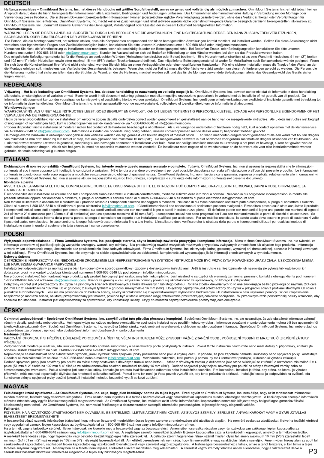 Omnimount L27-OM1100338-CON-081210vA, LEDW120 manual Deutsch, Nederlands, Italiano, Polski, Česky, Magyar 