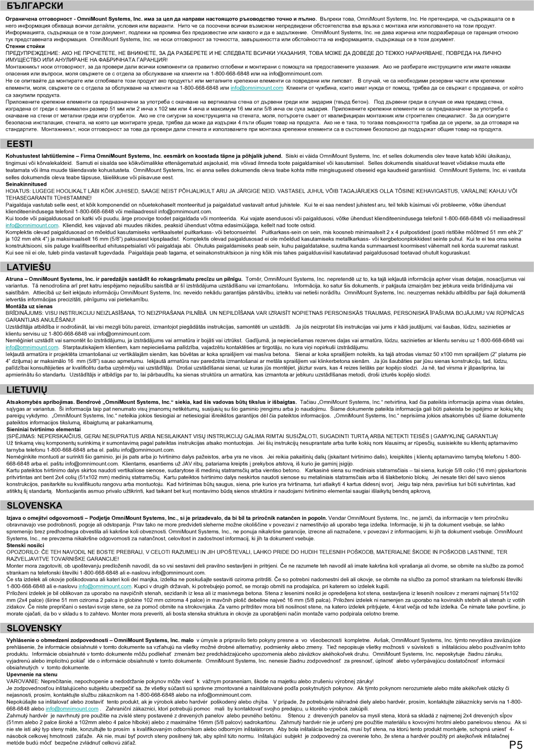 Omnimount L27-OM1100338-CON-081210vA, LEDW120 manual Български, Eesti, Latviešu, Lietuvių, Slovenska, Slovensky 