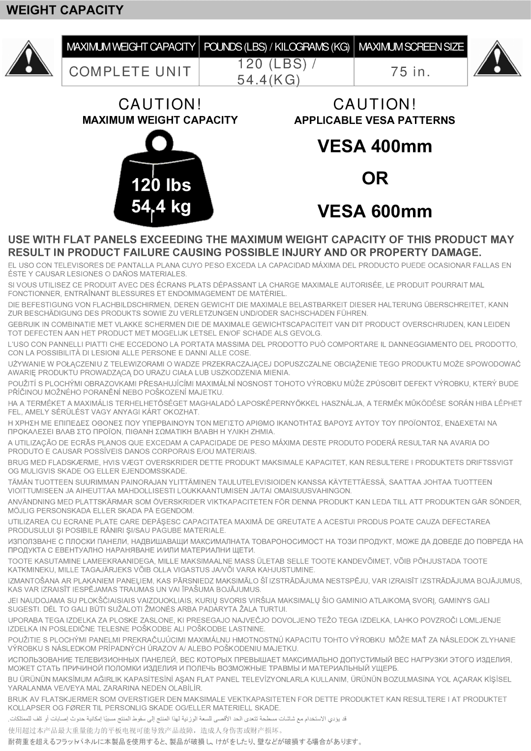 Omnimount L27-OM1100338-CON-081210vA, LEDW120 manual lbs 54.4 kg, Weight Capacity 