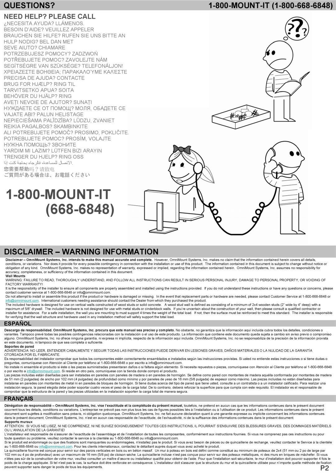 Omnimount LEDW120 manual Questions?, Disclaimer - Warning Information, Mount-It, Need Help? Please Call, Español, Français 
