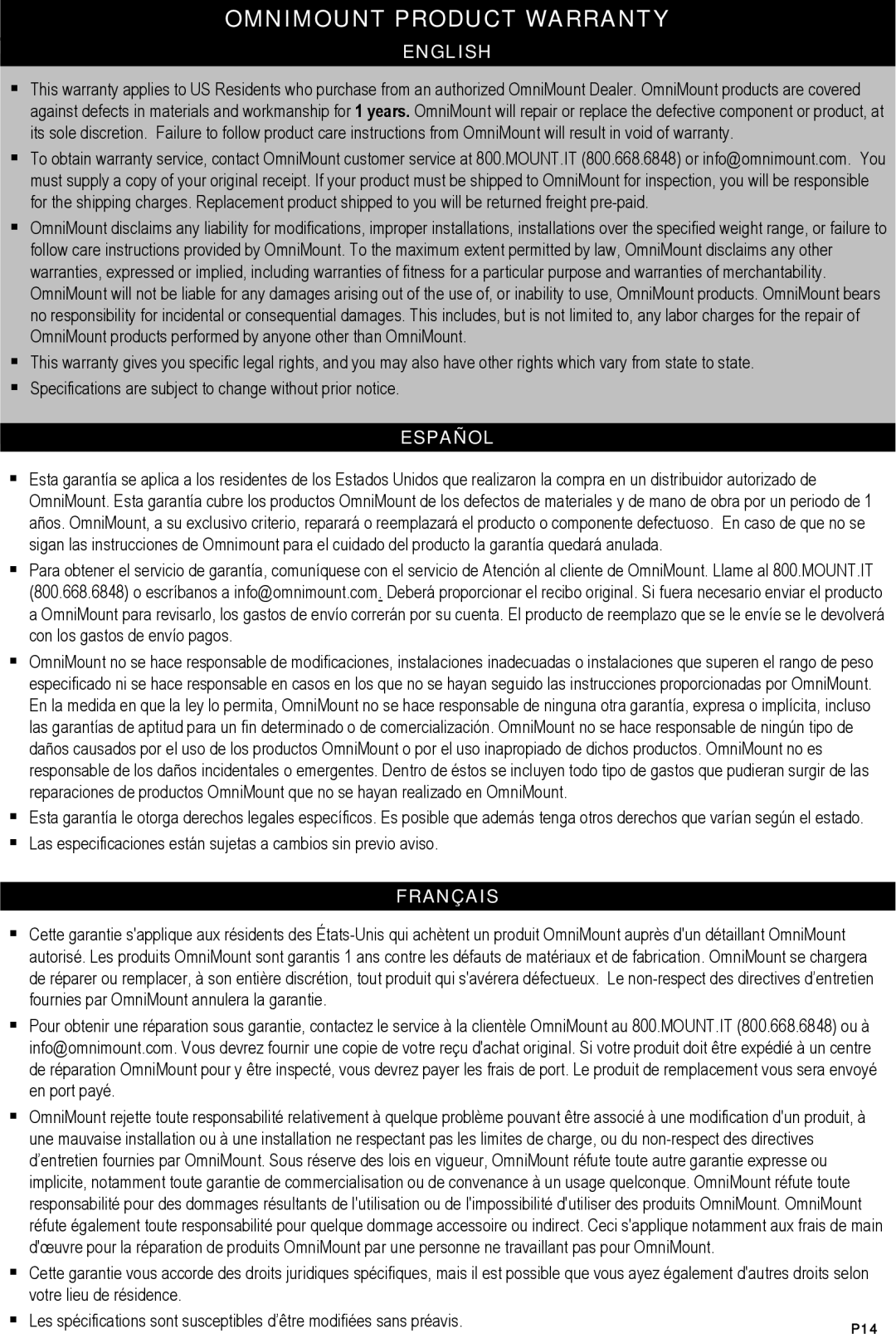 Omnimount LC31, 1004263 instruction manual Omnimount Product Warranty, English 