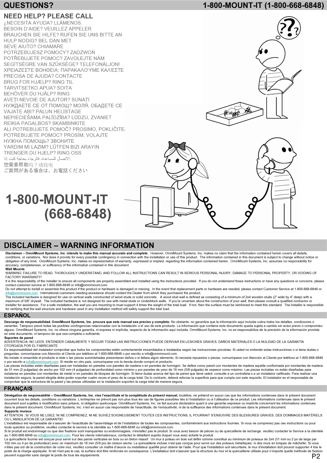 Omnimount LEDP75 manual Questions?, Disclaimer Warning Information 