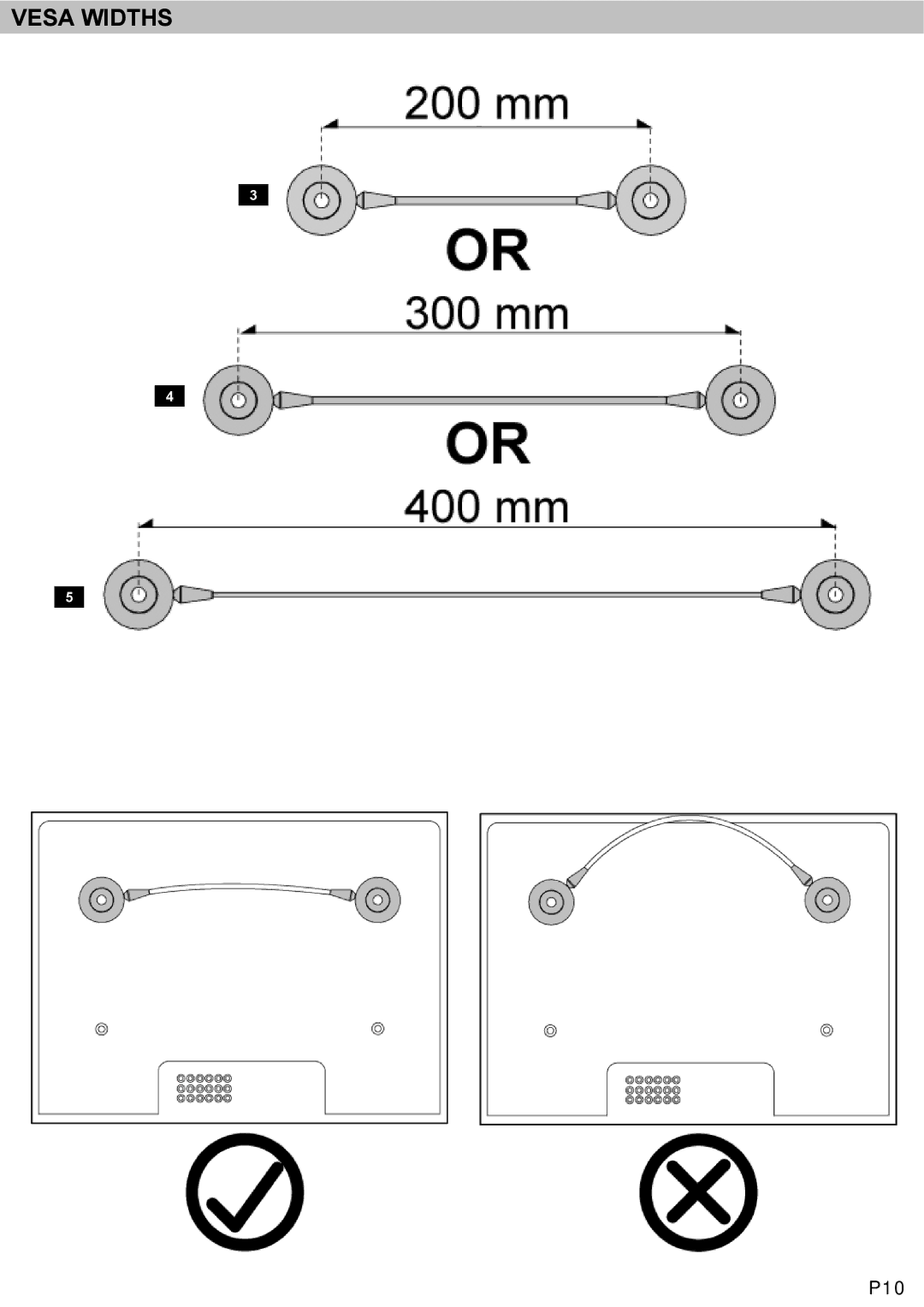 Omnimount LEDW60 manual Vesa Widths, P10 