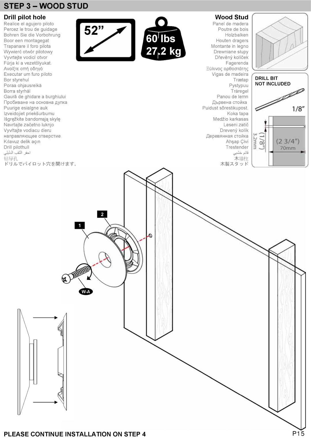 Omnimount LEDW60 manual Lbs 27.2 kg, Drill pilot hole 