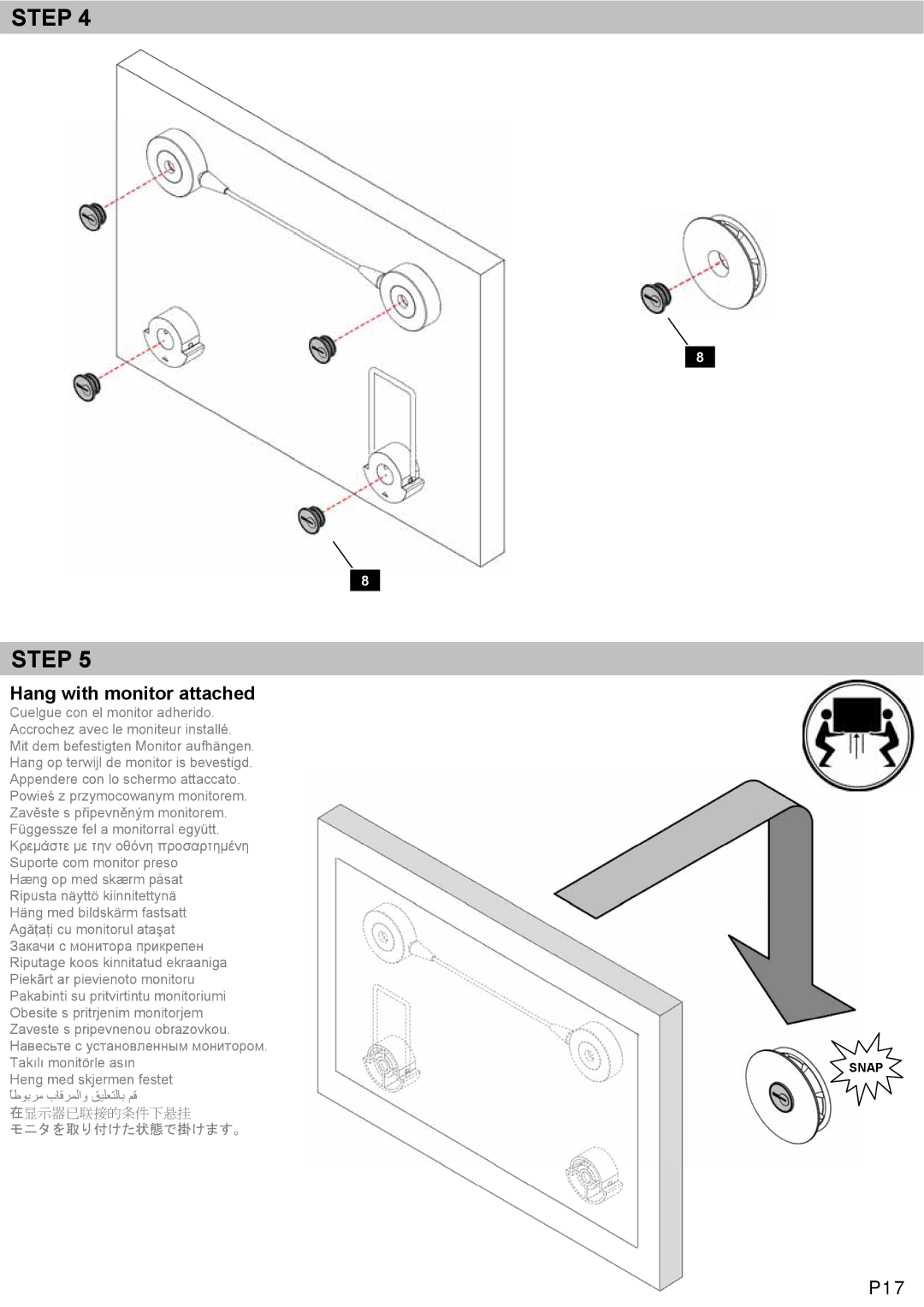 Omnimount LEDW60 manual Step, Hang with monitor attached, P17 