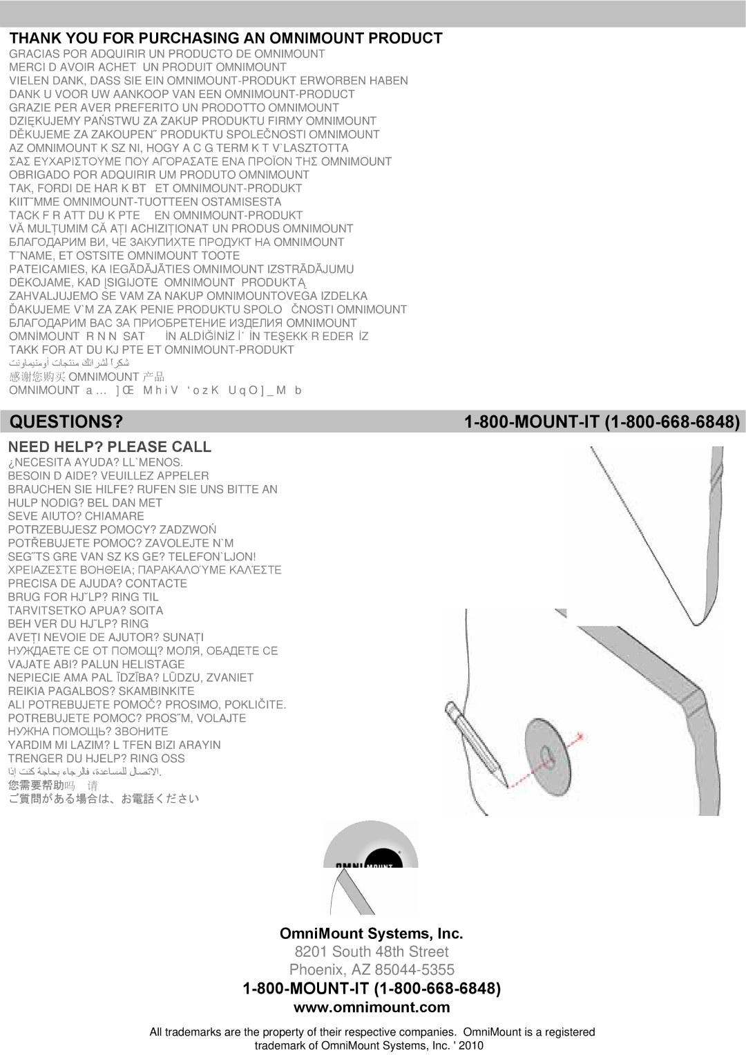 Omnimount LEDW60 manual Thank YOU for Purchasing AN Omnimount Product, OmniMount Systems, Inc 