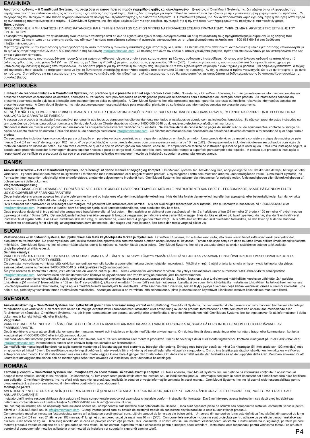 Omnimount LEDW60 manual Ελληνικά, Português, Dansk, Suomi, Svenska, Română 