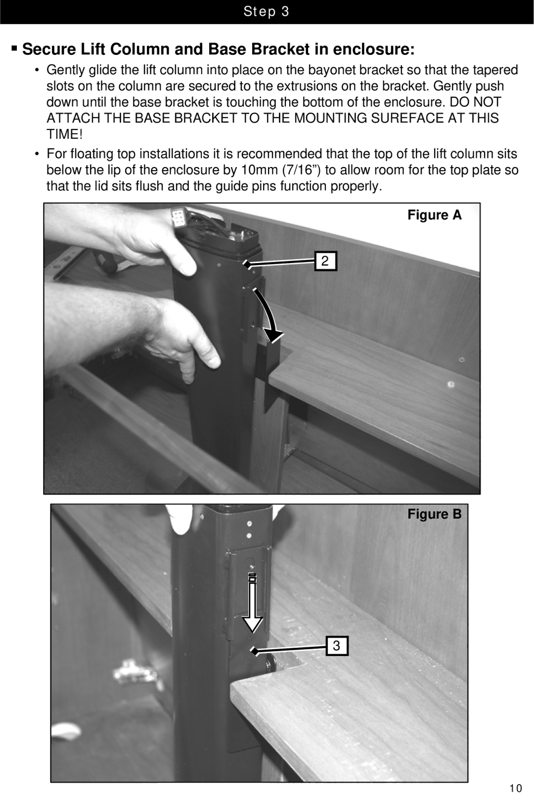 Omnimount Lift 42 manual ƒ Secure Lift Column and Base Bracket in enclosure, Figure a 