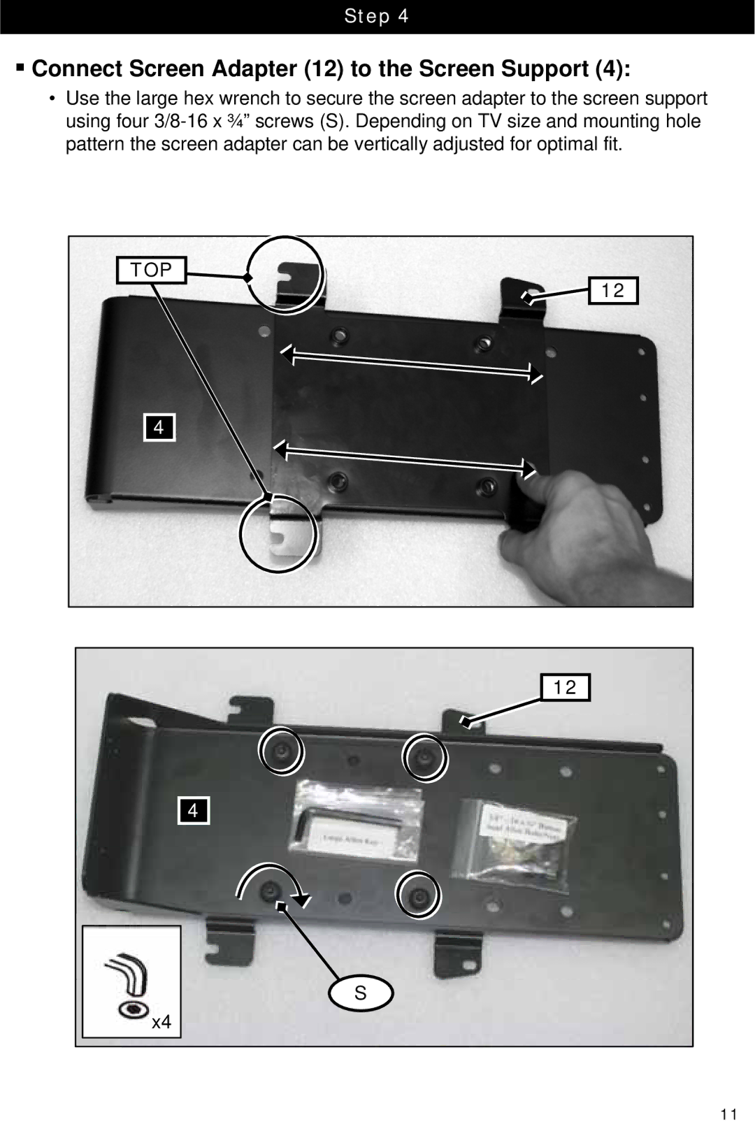 Omnimount Lift 42 manual ƒ Connect Screen Adapter 12 to the Screen Support, Top 