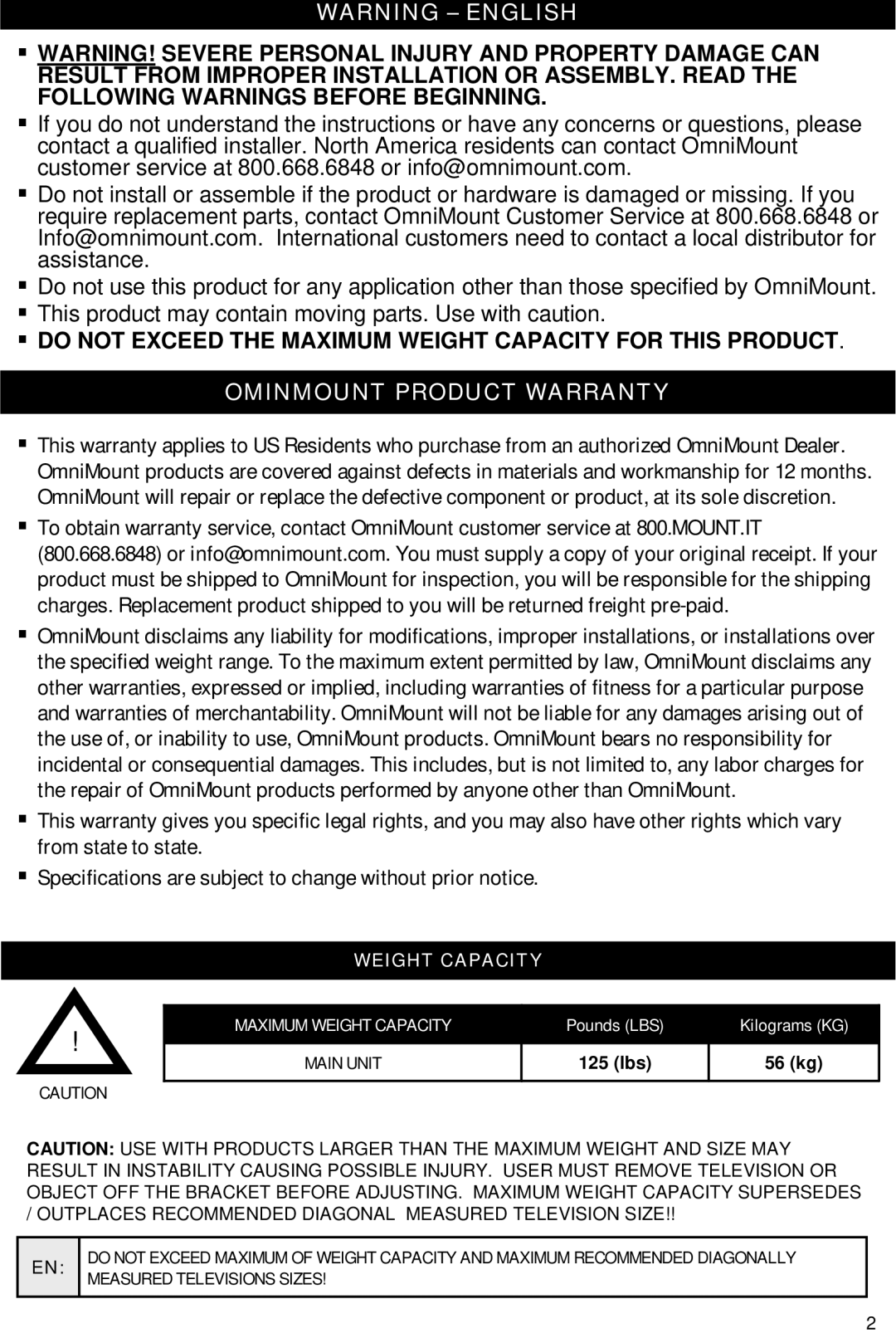 Omnimount Lift 42 manual Ominmount Product Warranty 