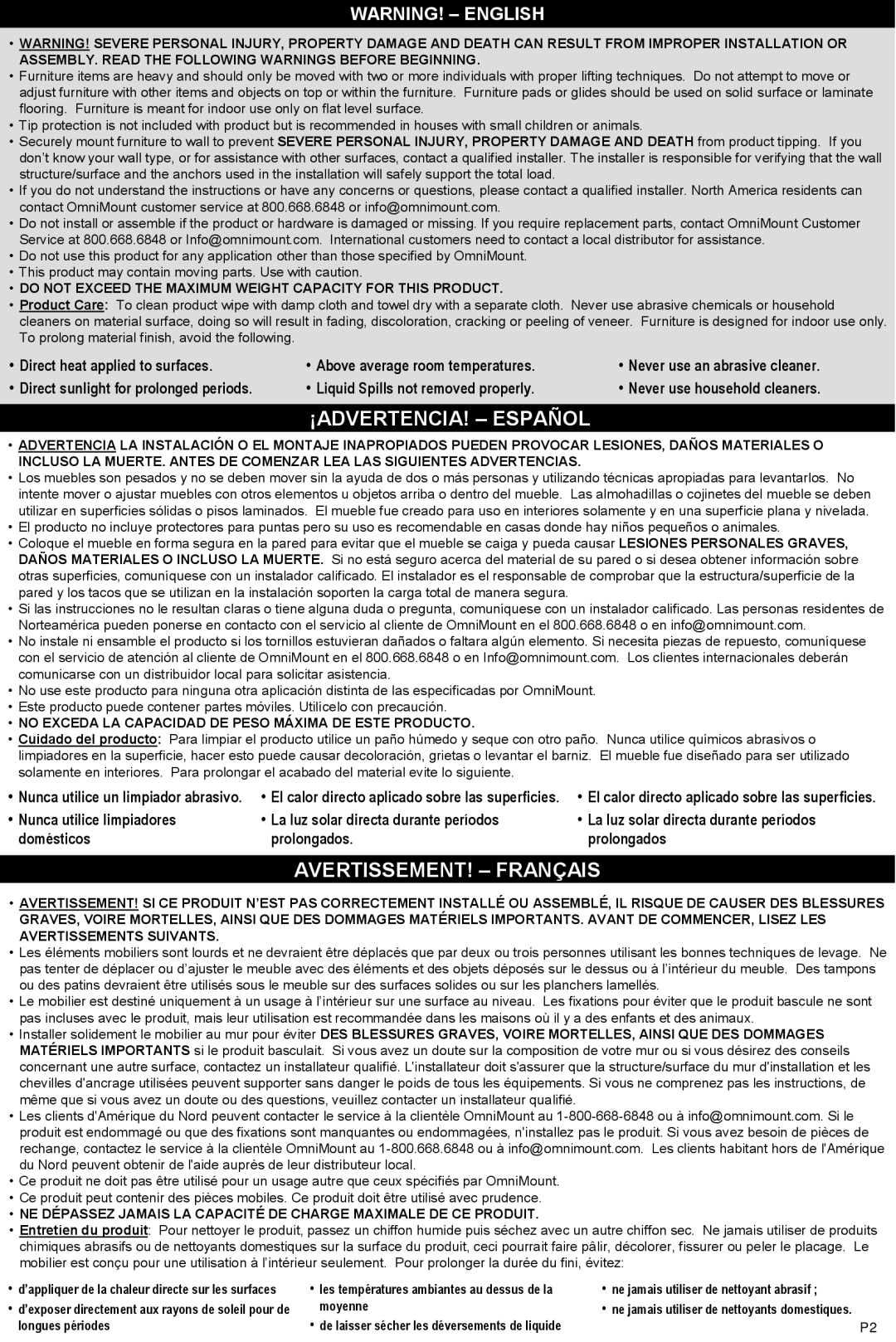 Omnimount LS31, OM1100026 instruction manual ¡Advertencia! - Español, Avertissement! - Français, Warning! - English 