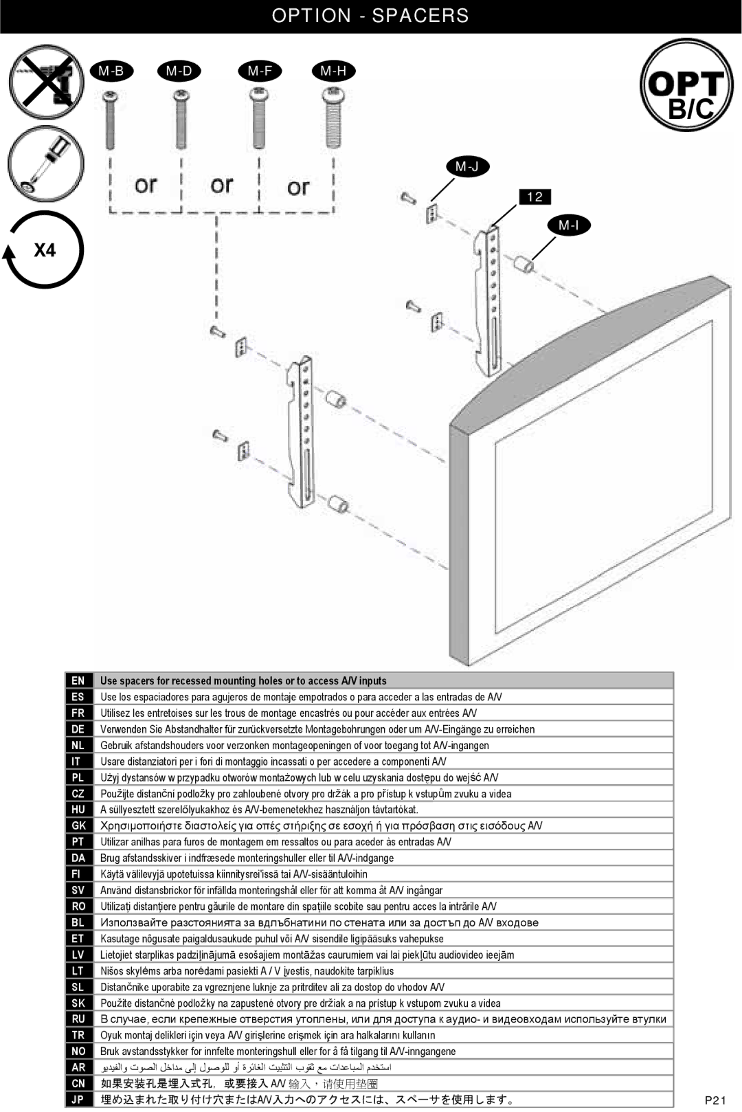 Omnimount Modena 37FP instruction manual Option Spacers, M-D M-F M-H 