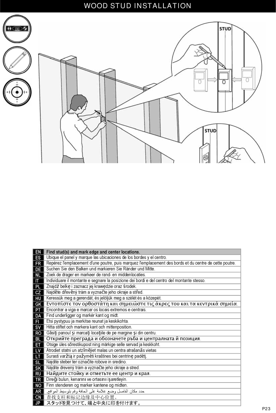 Omnimount Modena 37FP instruction manual Wood Stud Installation, Find studs and mark edge and center locations 