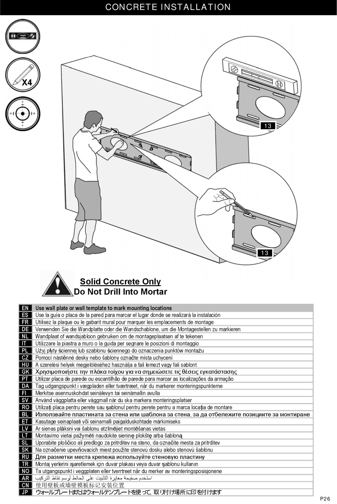 Omnimount Modena 37FP instruction manual Concrete Installation, Do Not Drill Into Mortar 