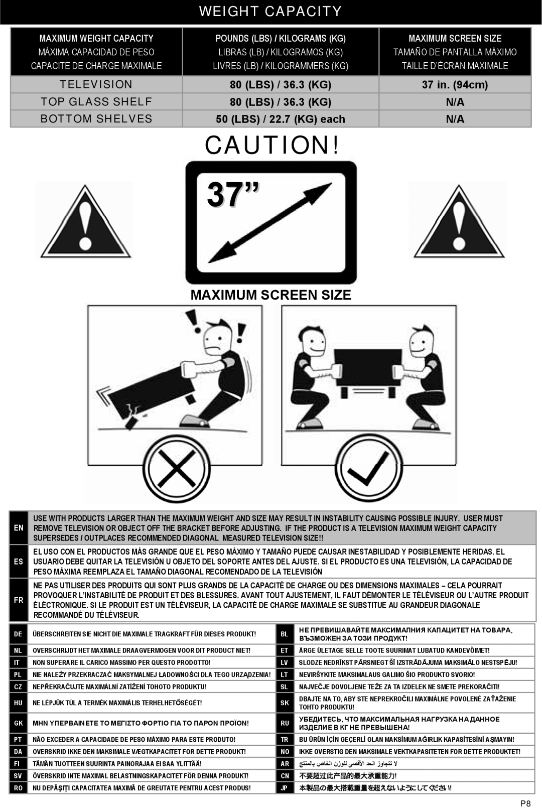 Omnimount Modena 37FP instruction manual Weight Capacity, Maximum Screen Size 