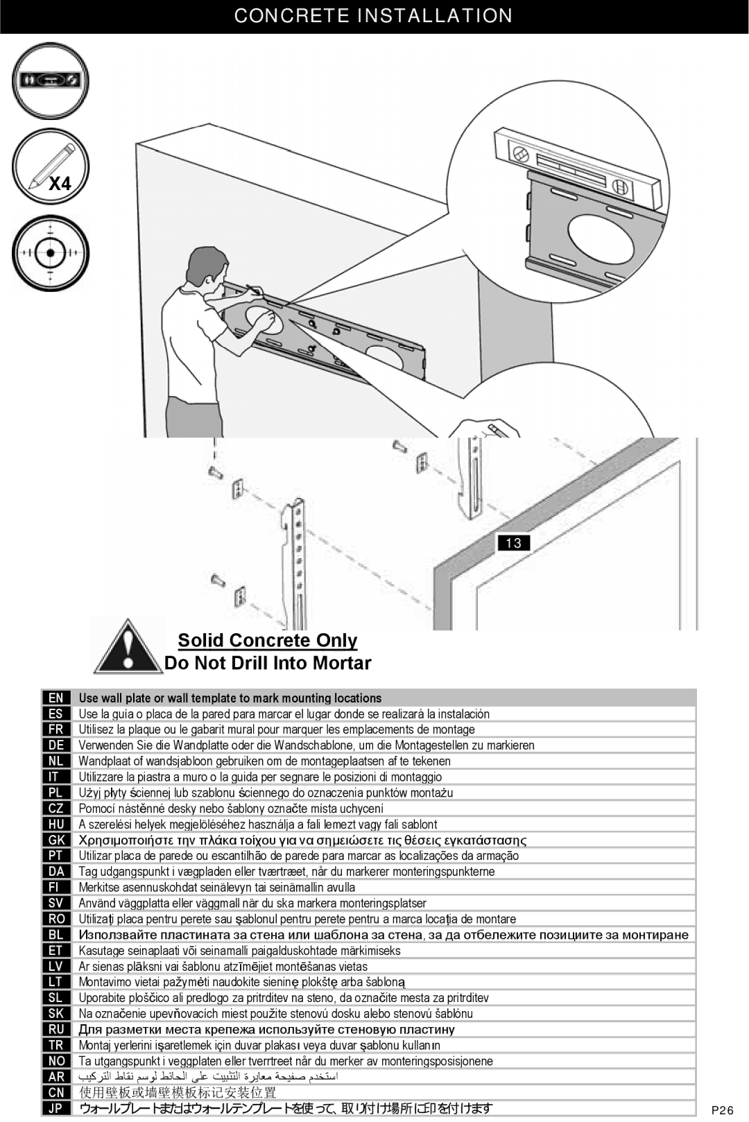 Omnimount Modena 47FP instruction manual Concrete Installation, Solid Concrete Only Do Not Drill Into Mortar 