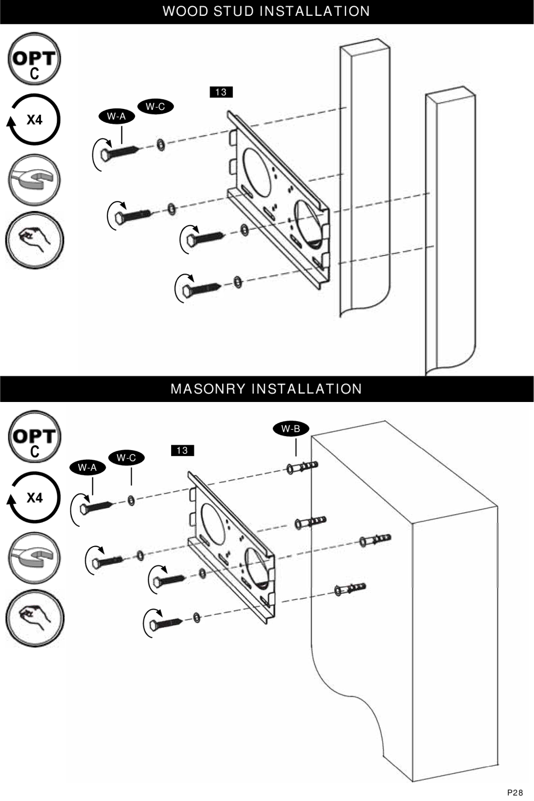 Omnimount Modena 47FP instruction manual Wood Stud Installation Masonry Installation 