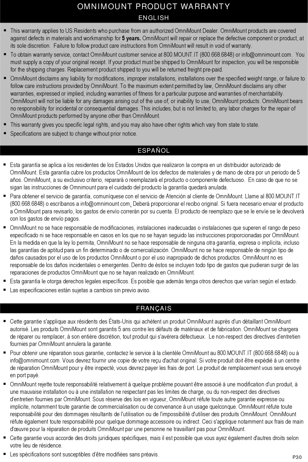 Omnimount Modena 47FP instruction manual Omnimount Product Warranty, English 