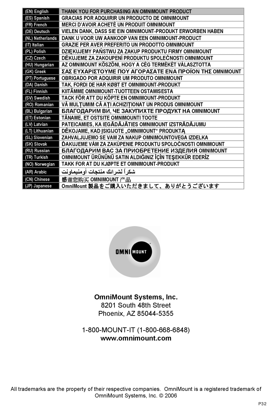 Omnimount Modena 47FP instruction manual OmniMount Systems, Inc 