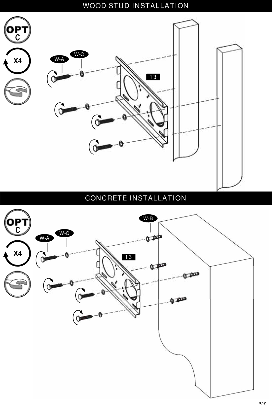 Omnimount Modena 55FP instruction manual Wood Stud Installation Concrete Installation 