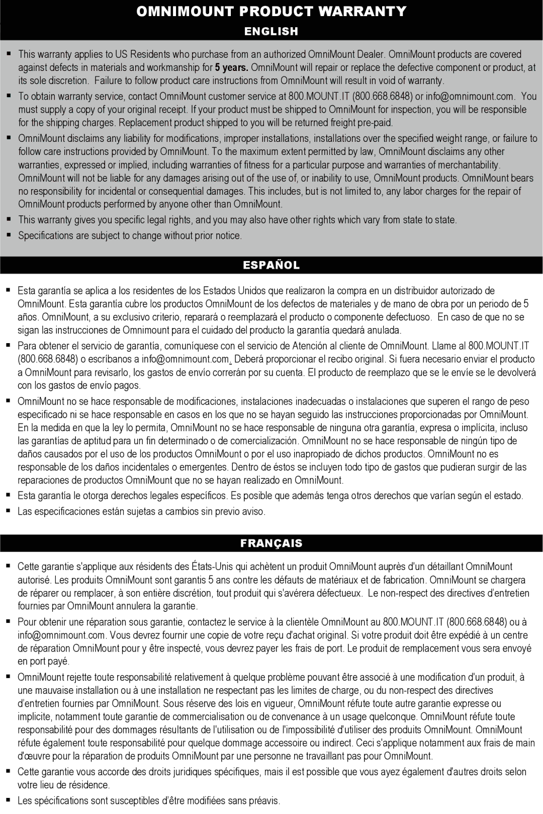 Omnimount Modena 55FP instruction manual Omnimount Product Warranty, English 