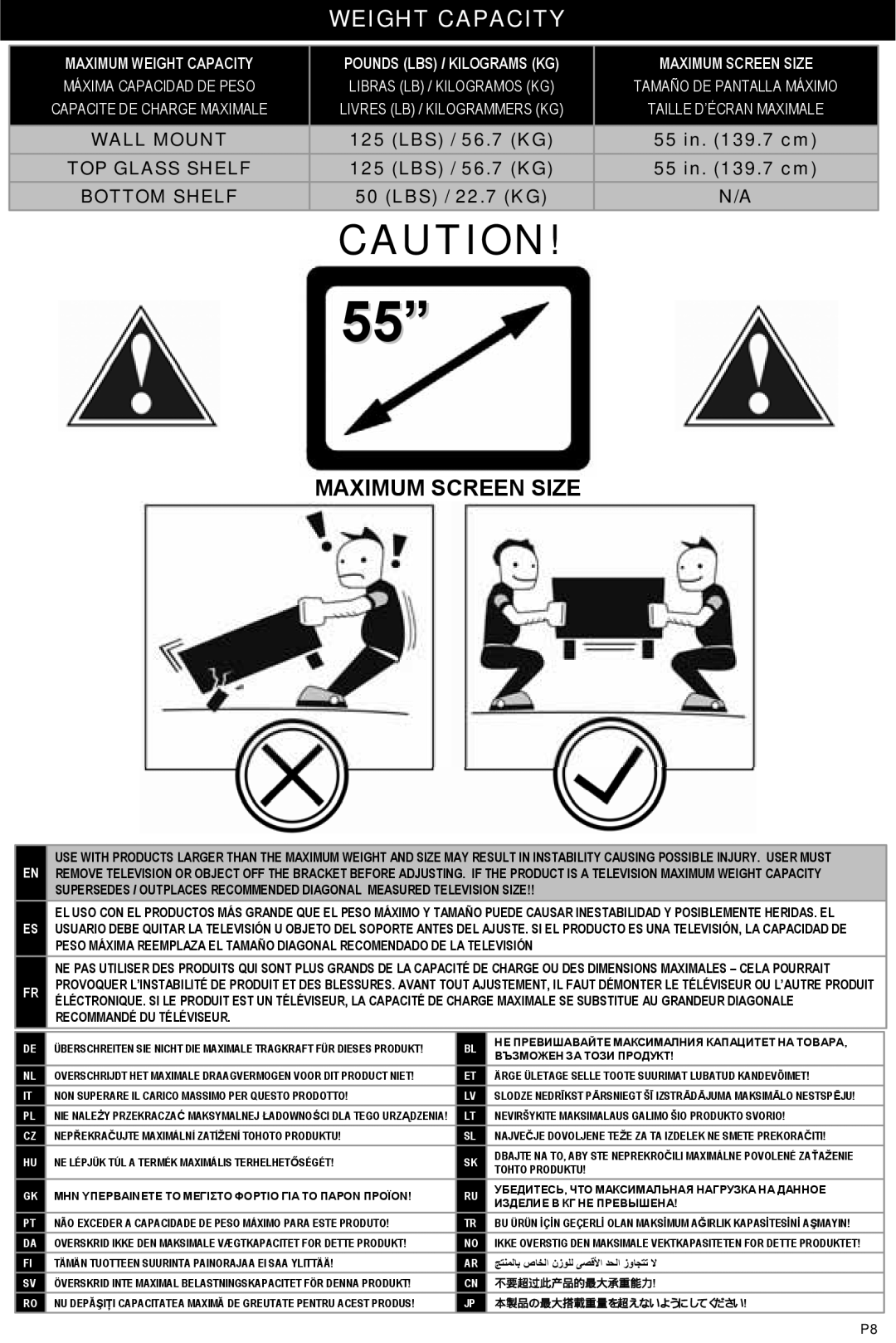 Omnimount Modena 55FP instruction manual Weight Capacity, Maximum Screen Size 