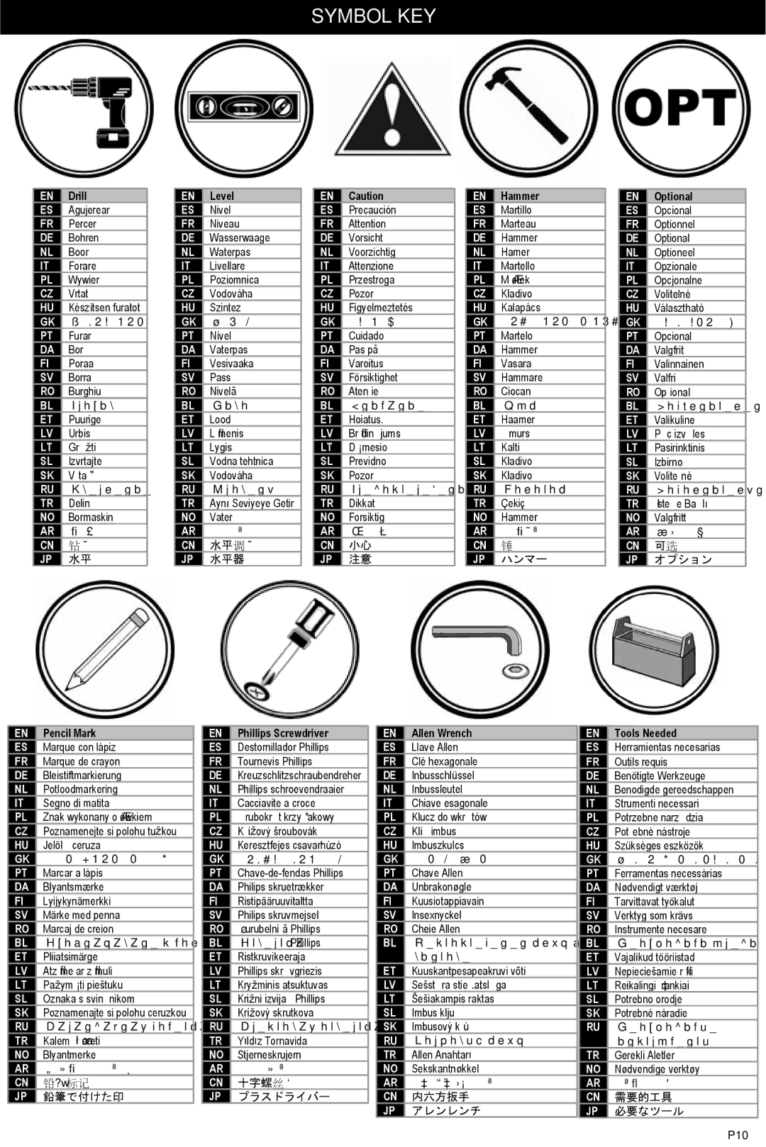 Omnimount MORELLO 50FP manual Symbol KEY, 水平 调整 水平器 ハンマー オプション 