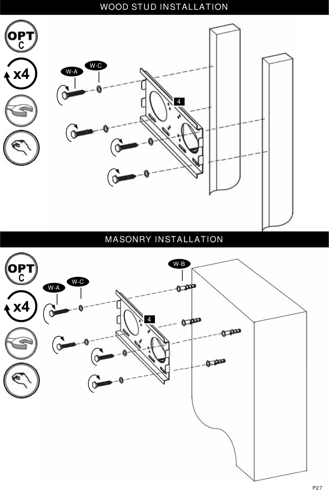 Omnimount MORELLO 50FP manual Wood Stud Installation Masonry Installation 