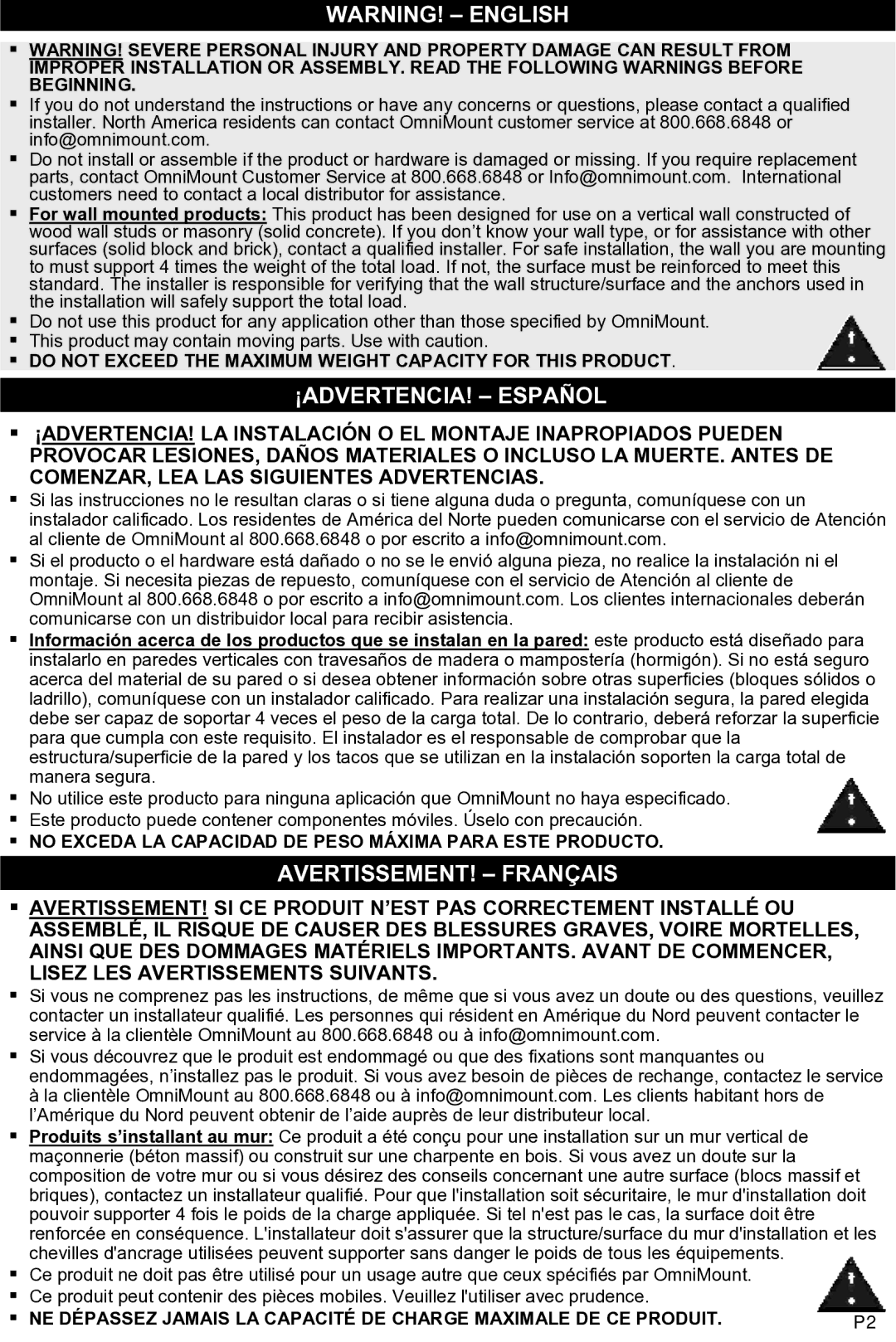 Omnimount MWF16 instruction manual ¡ADVERTENCIA! Español, AVERTISSEMENT! Français 