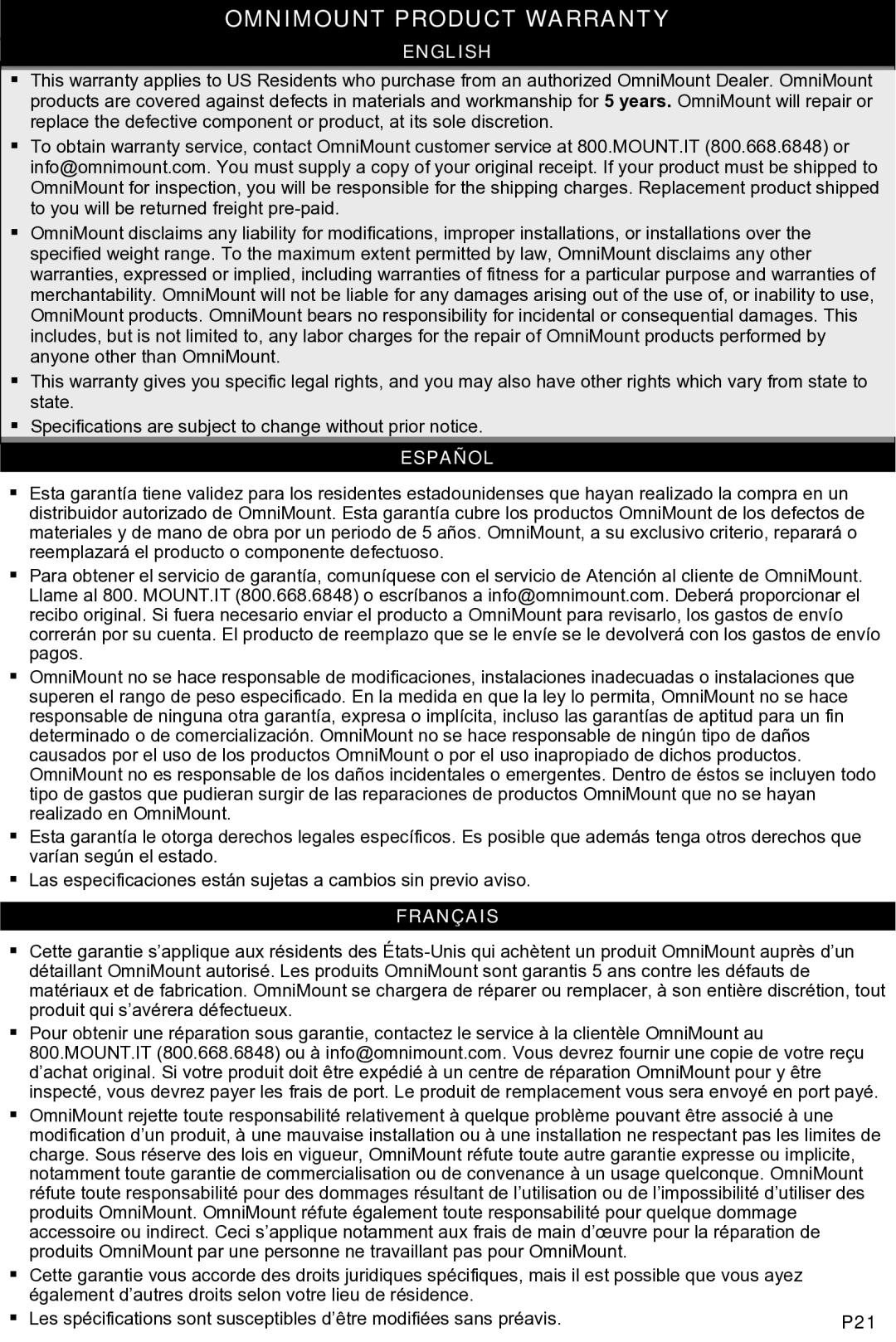 Omnimount MWF16 instruction manual Omnimount Product Warranty, English 