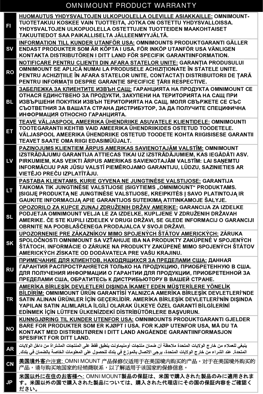 Omnimount MWF16 instruction manual 产品， 请与 购买地国家的经 销商联系，以 了解适用于 该国家的保修信息。 