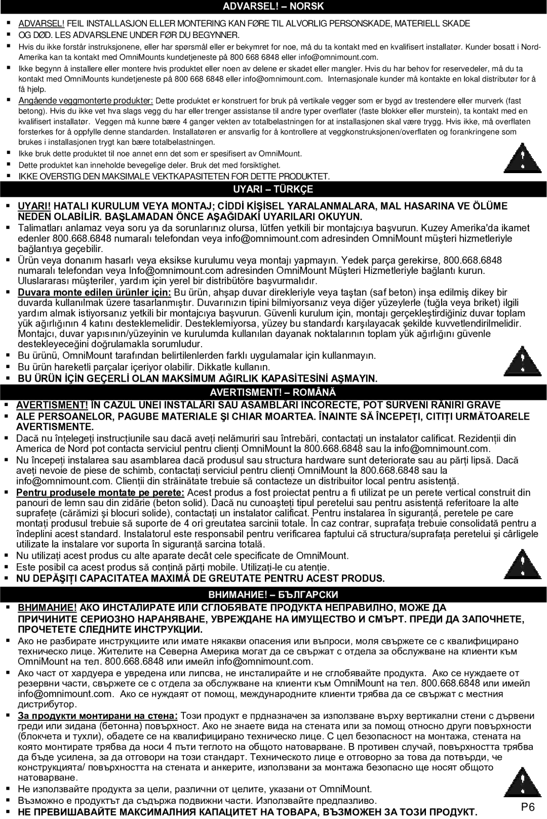 Omnimount MWF16 instruction manual Uyari Türkçe, AVERTISMENT! Română, ВНИМАНИЕ! Български 