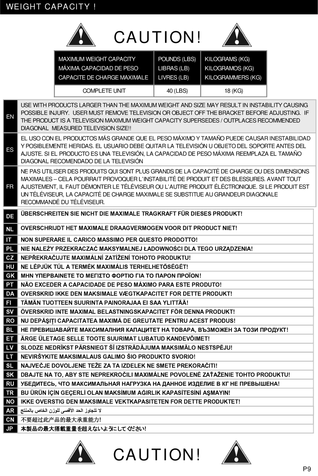 Omnimount MWF16 instruction manual Weight Capacity, LBS 18 KG 