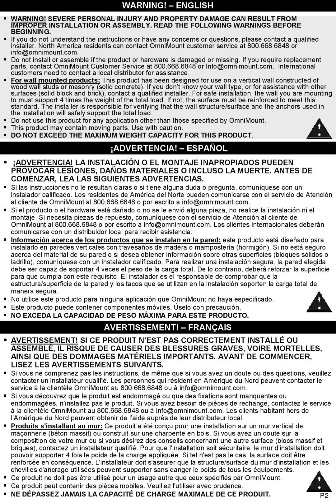 Omnimount MWF16 instruction manual Warning! - English, ¡Advertencia! - Español, Avertissement! - Français 